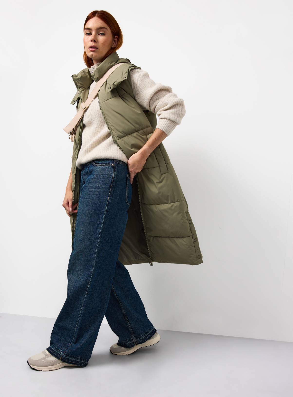 Light Khaki Longline Padded Gilet M - Image 1